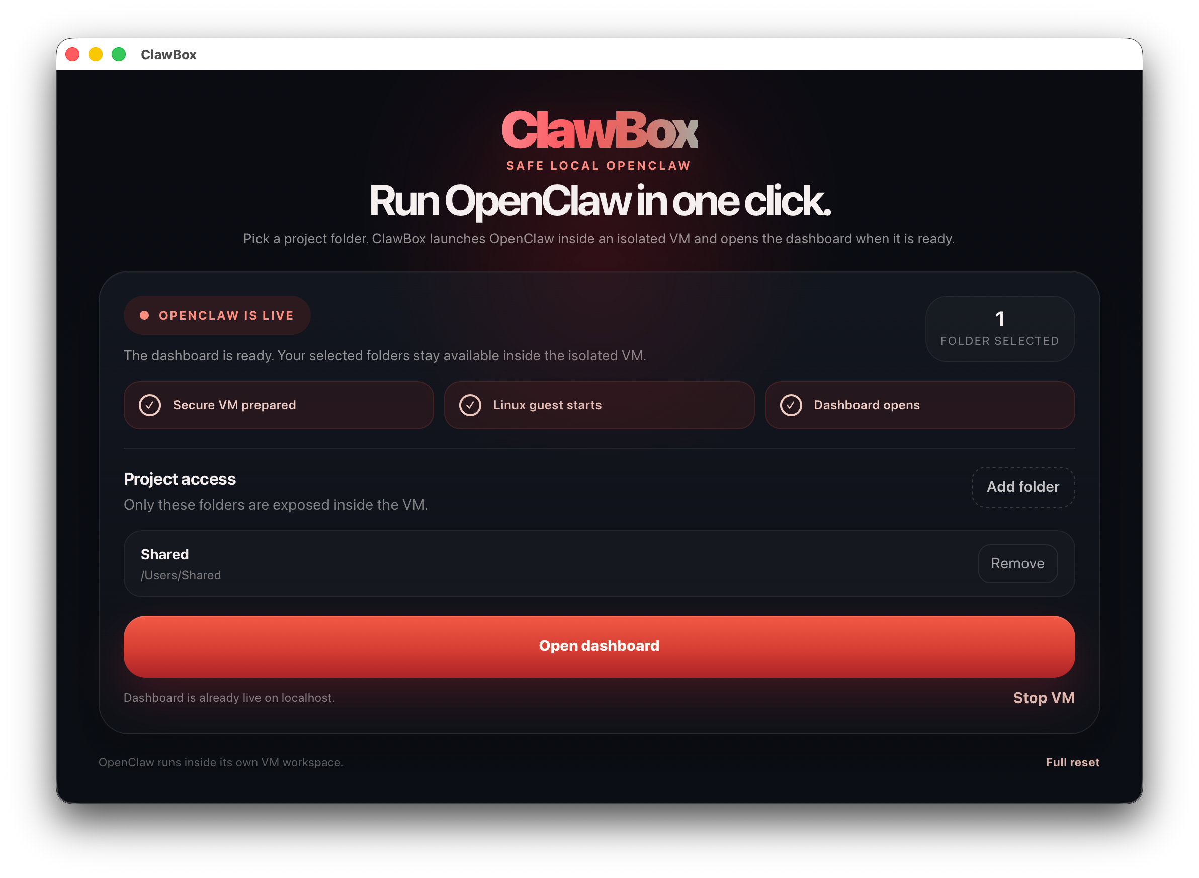 ClawBox app screenshot showing the one-click launch interface